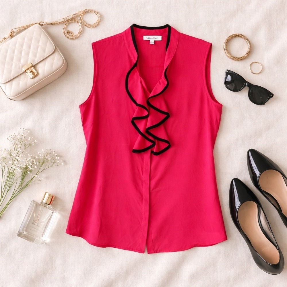 Calvin Klein Sleeveless Ruffle Front Blouse Hot Pink Black Trim Size L